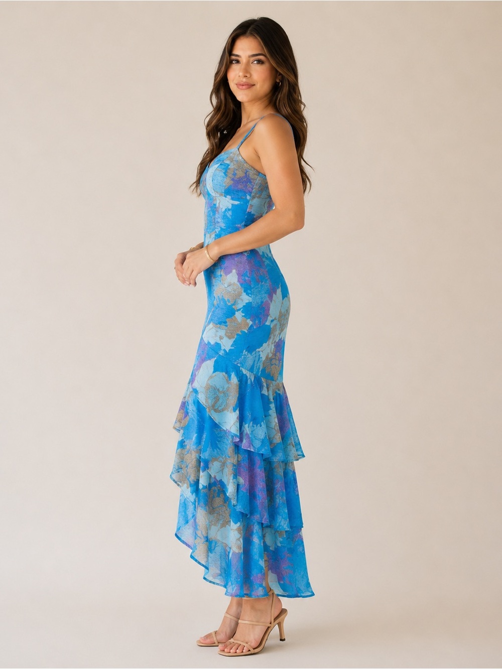Blue Floral Tiered High-Low Dress - Picture 5 of 7